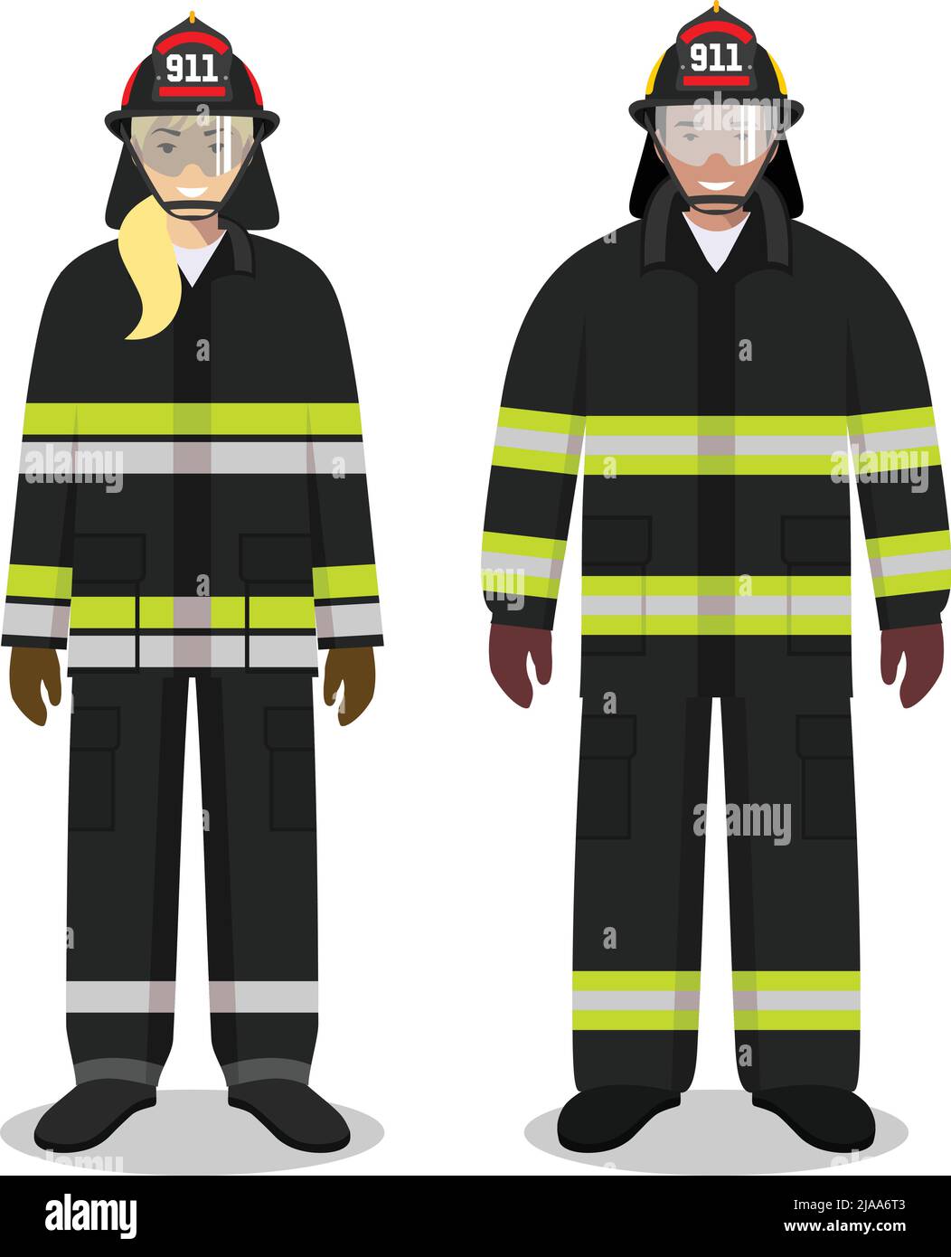 Couple de pompiers isolés sur fond blanc. Ensemble de pompier et de pompier debout ensemble. Mignon et simple dans un style plat. Illustration de Vecteur