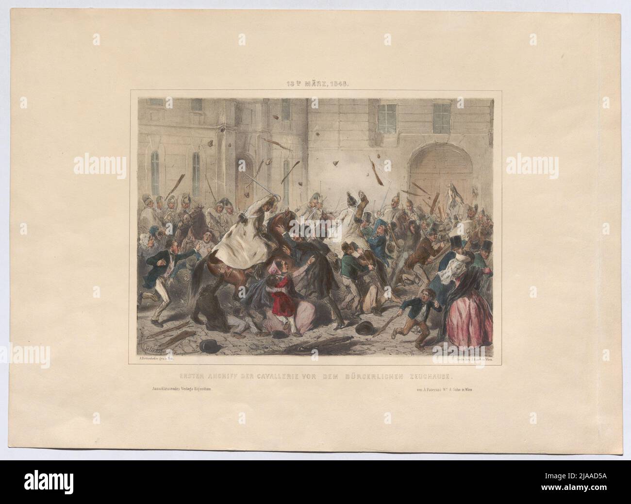 'Première attaque de la cavalerie devant l'armurerie bourgeoise.' (Le 13 mars 1848). August Xaver Karl Pettenkofen (Chevalier de) (1822-1889), Lithographie Banque D'Images