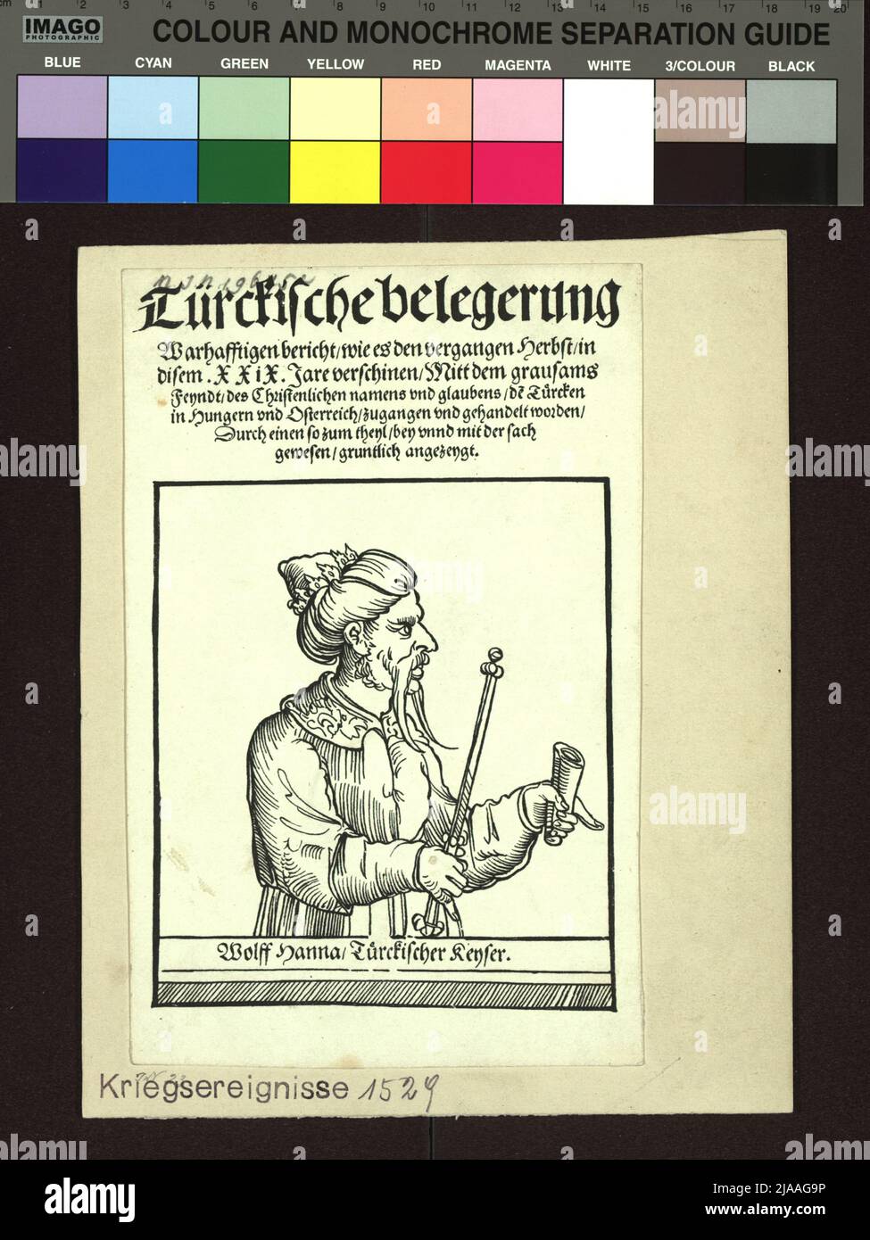Titre lame d'un livre sur le siège de Vienne 1529 ('Türckische Werbung / True Report, comme le dernier automne, dans / disem XXIX JARE SCHERINE, moyen à la cruauté et la faim et Esterreich, et ont été échangés et par un tel, et ont été avec le fait/, gruntilement lié. '). Après : Niklas (Niclaus) Meldemann, Woodcutter Banque D'Images