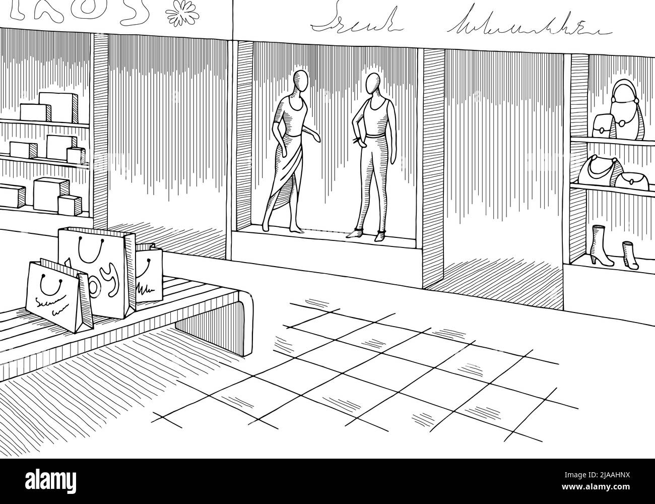Illustration vectorielle d'un dessin d'intérieur noir blanc graphique de centre commercial Illustration de Vecteur