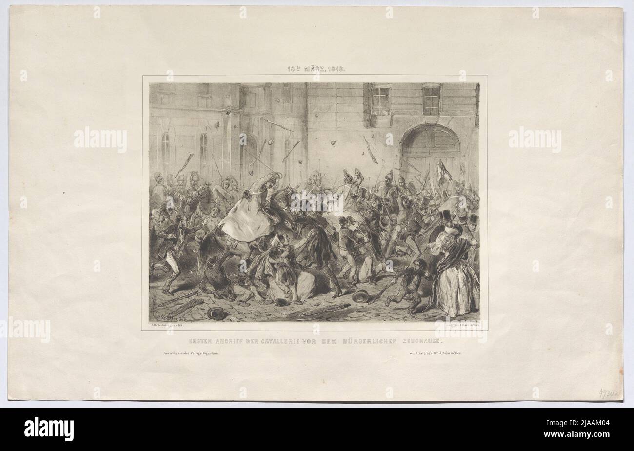 'Première attaque de la cavalerie devant l'armurerie bourgeoise.' (Le 13 mars 1848). August Xaver Karl Pettenkofen (Chevalier de) (1822-1889), Lithographie Banque D'Images