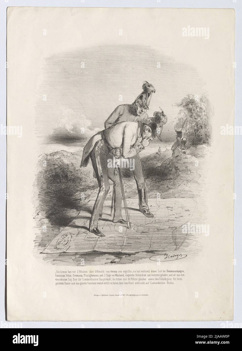 'L'armée a pris son offensive de Vérone il y a 2 semaines (...)' (Satire sur les combats pour Vérone, 1848). August Xaver Karl Pettenkofen (Chevaliers de) (1822-1889), lithographe, Johann Höfelich (1796-1849), éditeur Banque D'Images