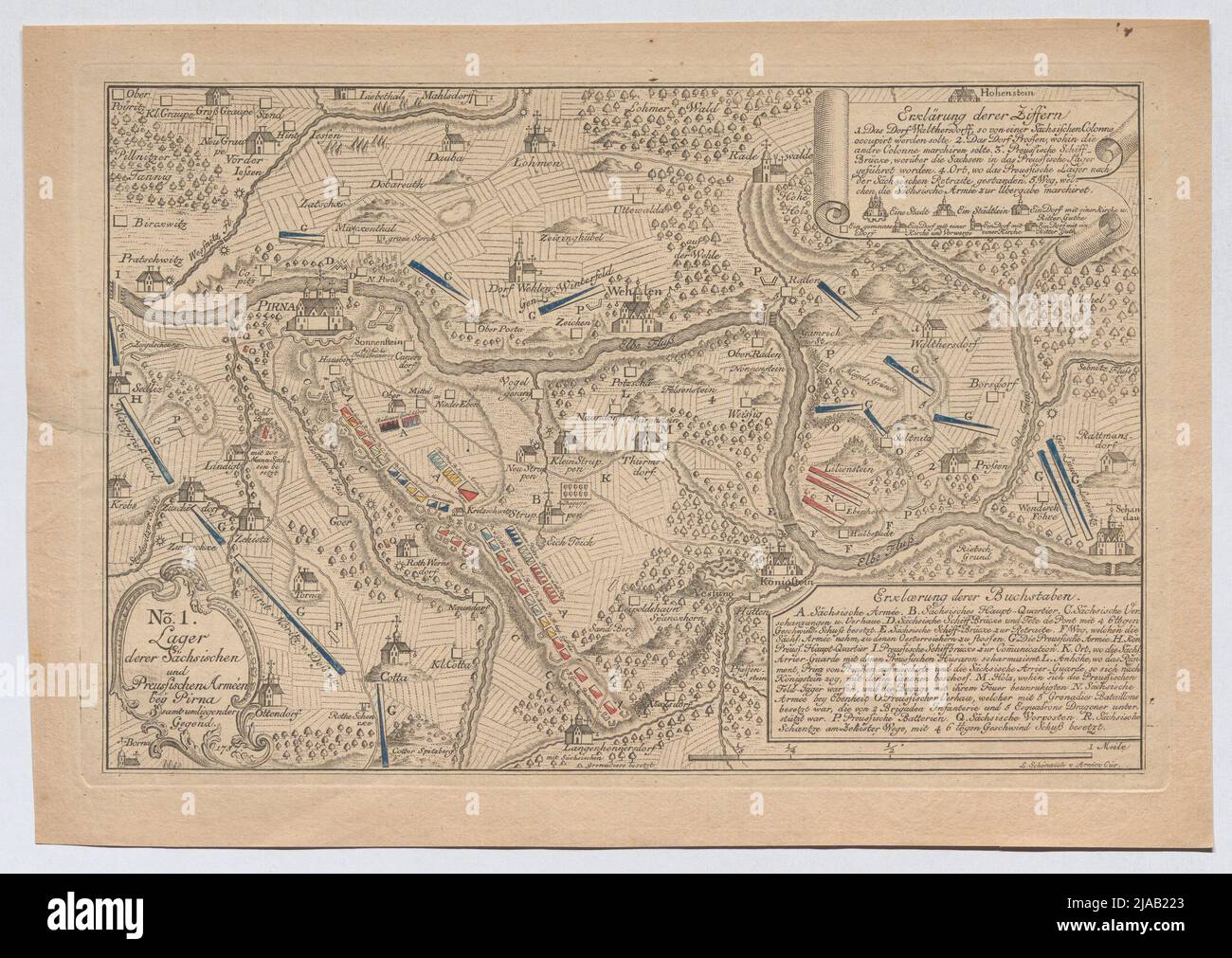'No.1. / Lager / de Saxon / et / Prusse Arméen / Bey / Pirna ...'. Plan du siège de Pirna du 11 septembre au 16 octobre 1756. L. Schönaich par Arnim Cür, cuivre Engraver Banque D'Images