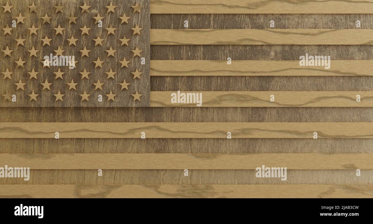 Drapeau national minimal en bois des États-Unis d'Amérique avec 50 étoiles et 13 bandes horizontales alternées texture du bois 3D rendu illustrat Banque D'Images
