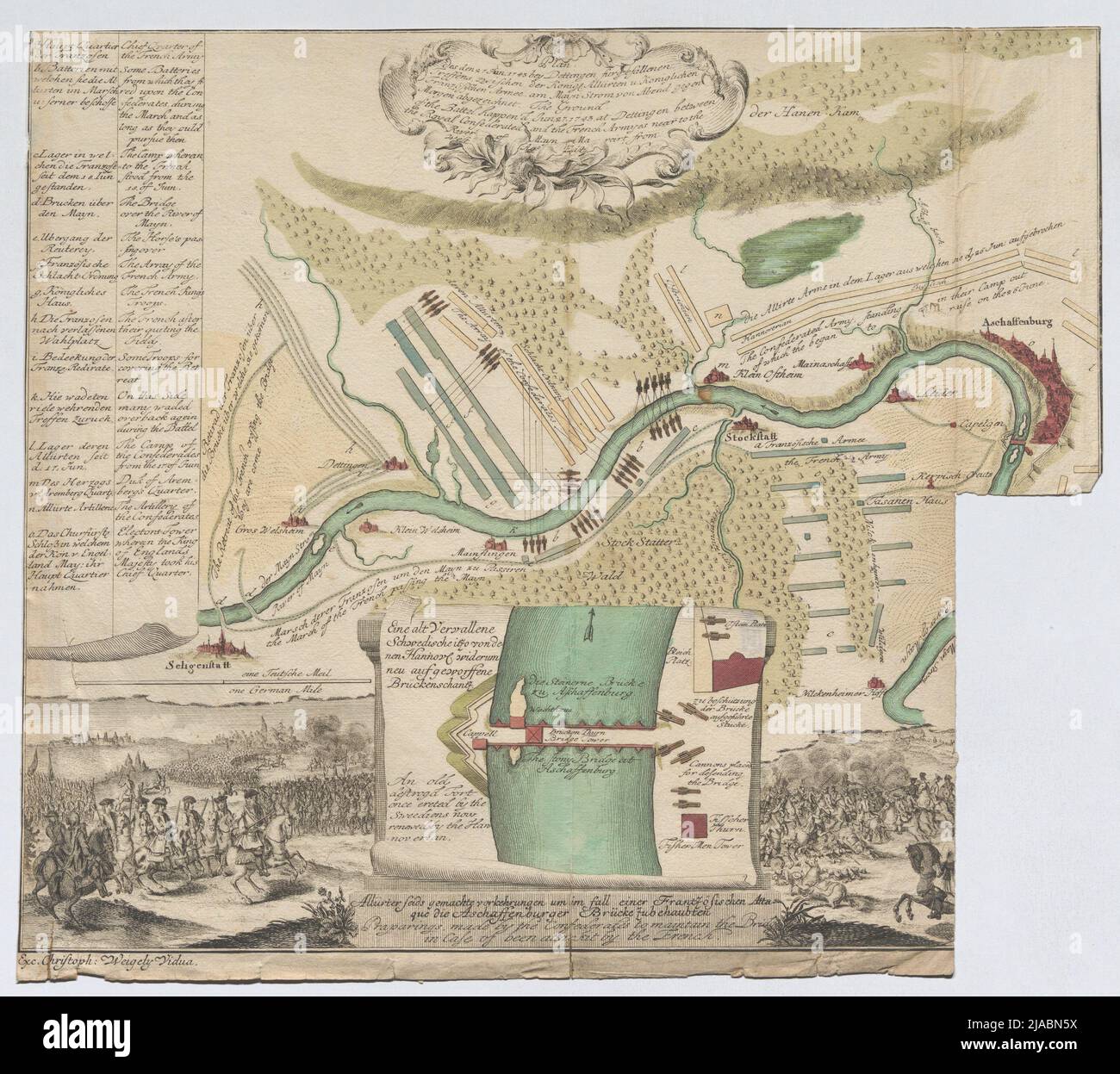 'Plan / du 27 juin 1743 à Dettingen pour une déchue / réunion ...'. Plan de la bataille de Dettingen le 27 juin 1743. Christoph (d. J.) Weigel (1702-1777), engraver de cuivre Banque D'Images