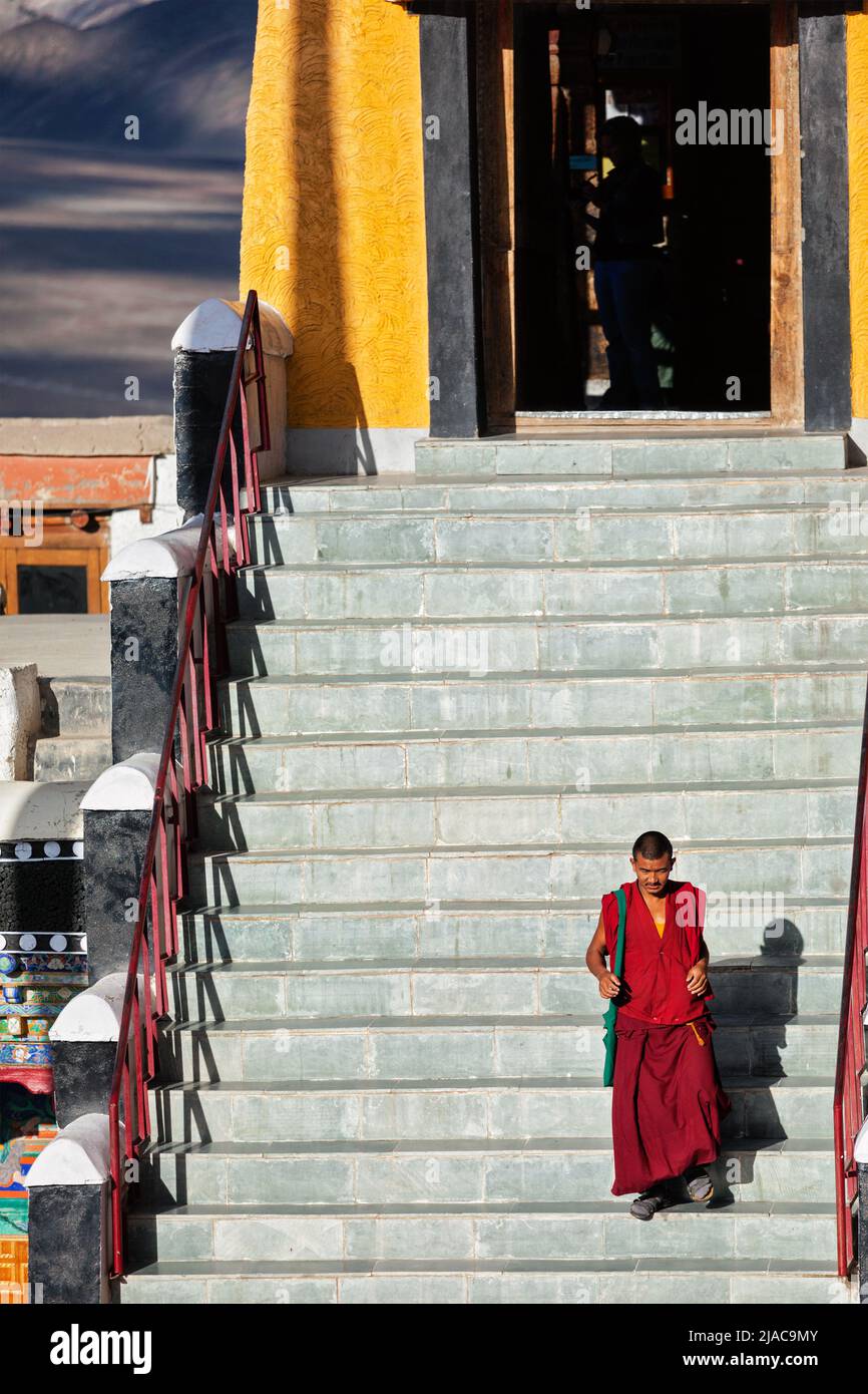 Moine bouddhiste tibétain au monastère de Thiksey, Ladakh, Inde Banque D'Images