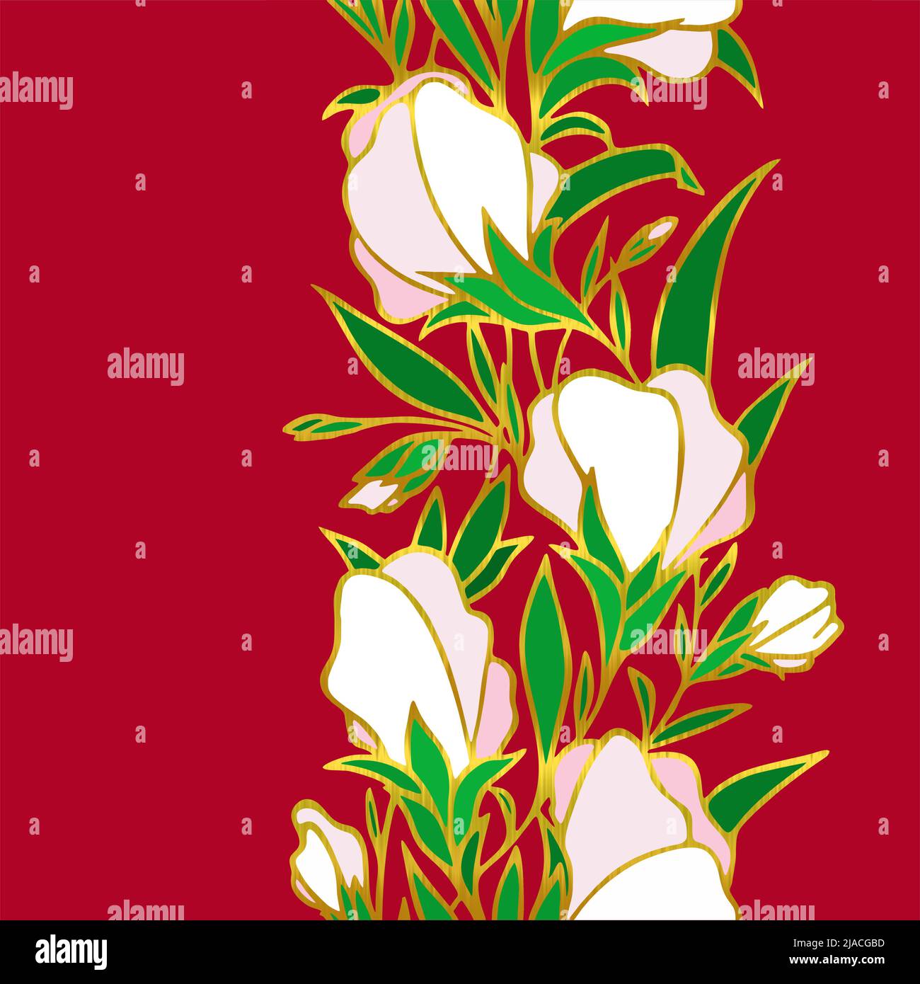bordure sans couture florale, bordure répétée de fleurs blanches sur fond rouge avec un contour doré, textile, design, art, graphique Illustration de Vecteur