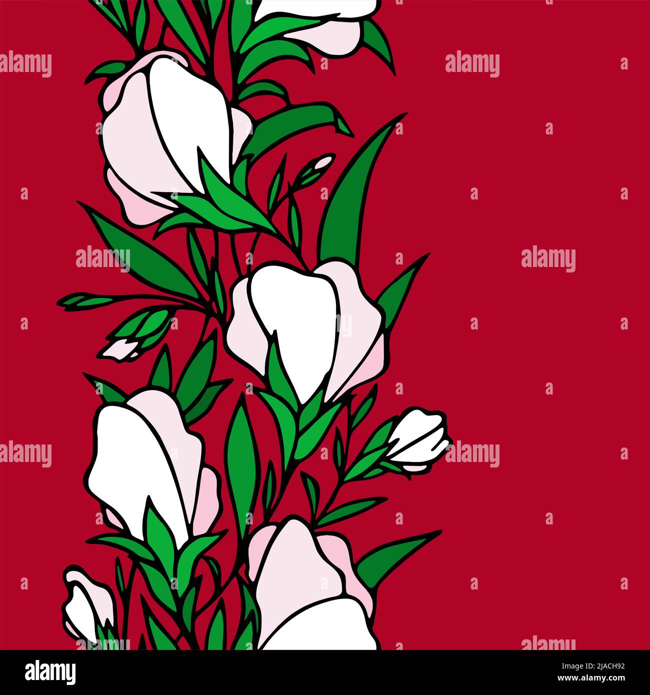 bordure sans couture florale, bordure répétée de fleurs blanches sur fond rouge avec un contour noir, textile, design, art, graphique Illustration de Vecteur