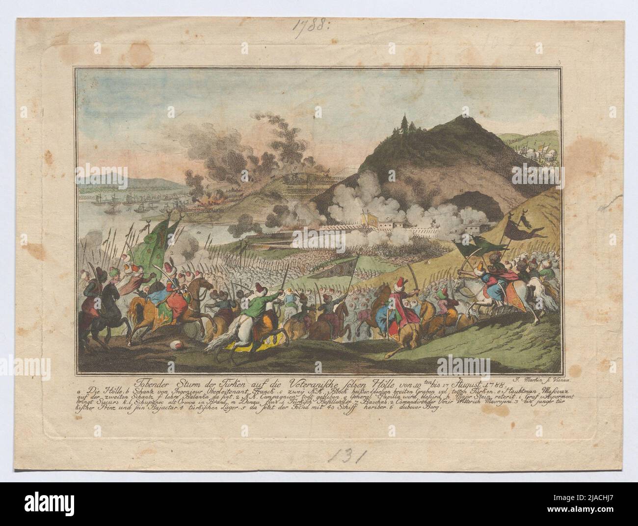 'La tempête de Tobing des Turcs sur le vétéran des rochers enfer de 10th au 17 août 1788'. Sturm des Turcs sur la grotte des anciens combattants (grotte Vetrani) à la porte d'entrée en fer du Danube en Roumanie du 10th au 1788th août, J. Markin, Copper Engraver Banque D'Images