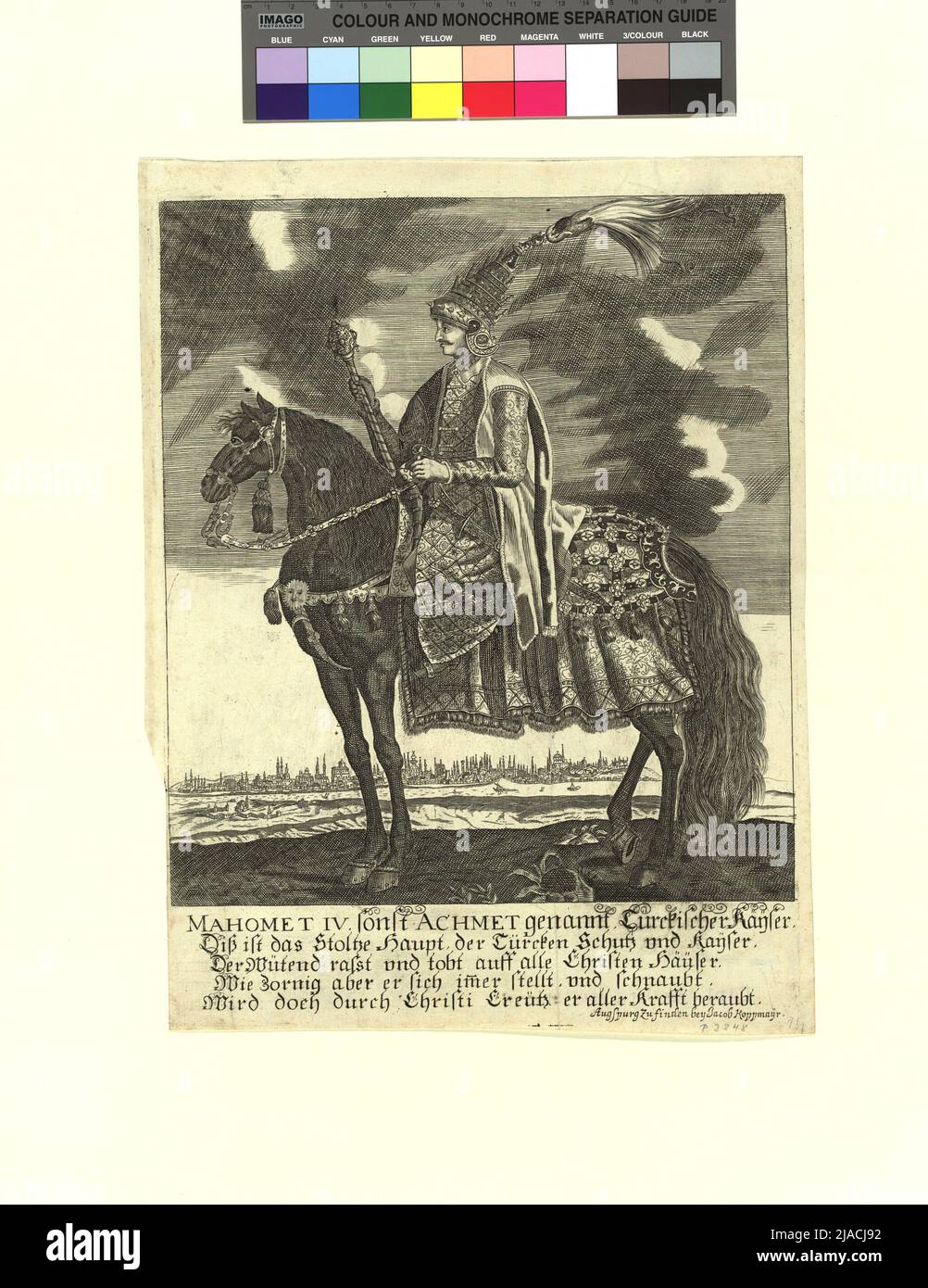 Mehmed IV., Portrait du sultan assis sur le cheval, y compris les versets. Jacob Koppmayer (1640-1701), éditeur Banque D'Images