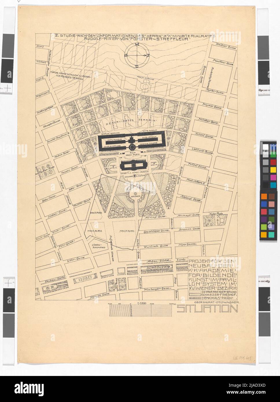 Académie des Beaux-Arts et Musée de la ville sur la fonte, plan de situation / Verso: Plan d'ameublement pour une salle avec une et deux fenêtres. Otto Wagner (1841-1918) Banque D'Images