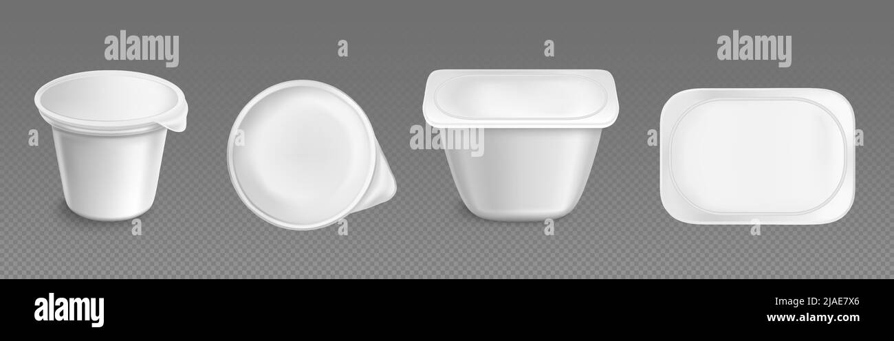 Gobelet, contenant ou emballage en plastique pour le yogourt et les produits laitiers maquette vectorielle isolée. Bocaux blancs avec couvercle en aluminium, bacs ovales ou ronds vue avant et de dessus sur fond transparent, maquette 3D réaliste Illustration de Vecteur