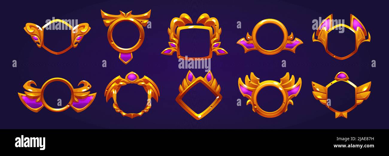 Médailles d'or, cadres décoratifs d'avatar de jeu isolés sur l'arrière-plan. Ensemble de dessins animés vectoriels d'étiquettes vides avec des bordures dorées différentes formes, emblèmes gagnants Illustration de Vecteur