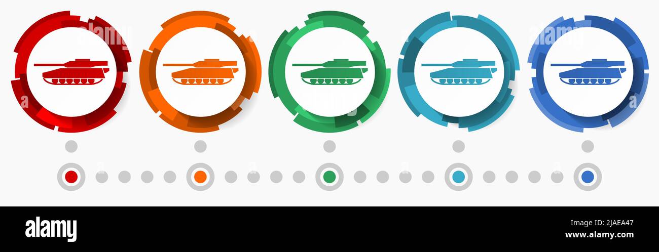 Tank, jeu d'icônes vecteurs de concept de l'armée, boutons web abstraits de conception moderne dans 5 options de couleurs, modèle d'infographie pour la conception web et les applications mobiles Illustration de Vecteur