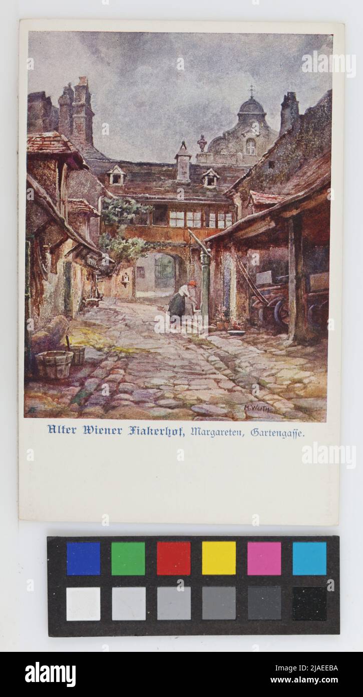 5th, Gartengasse - 'Alter Wiener Fiakerhof', vue sur l'église du monastère 'pour l'adoration éternelle', carte postale. Discutable: Rudolf von Waldheim, institution artistique, imprimerie de livres, xylographie et boutique d'édition, imprimerie, éditeur 'Deutsche Heimat', producteur, après: Maria Weith (1884-1950), tiroir Banque D'Images