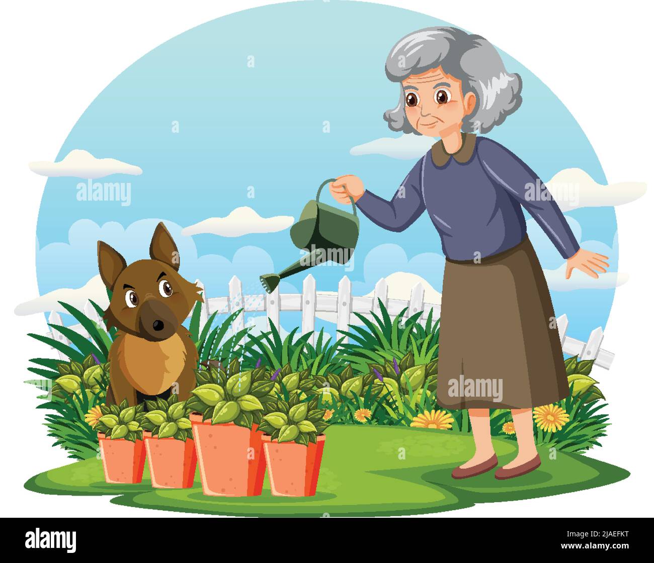 Femme senior jardinant et son illustration de chien Illustration de Vecteur