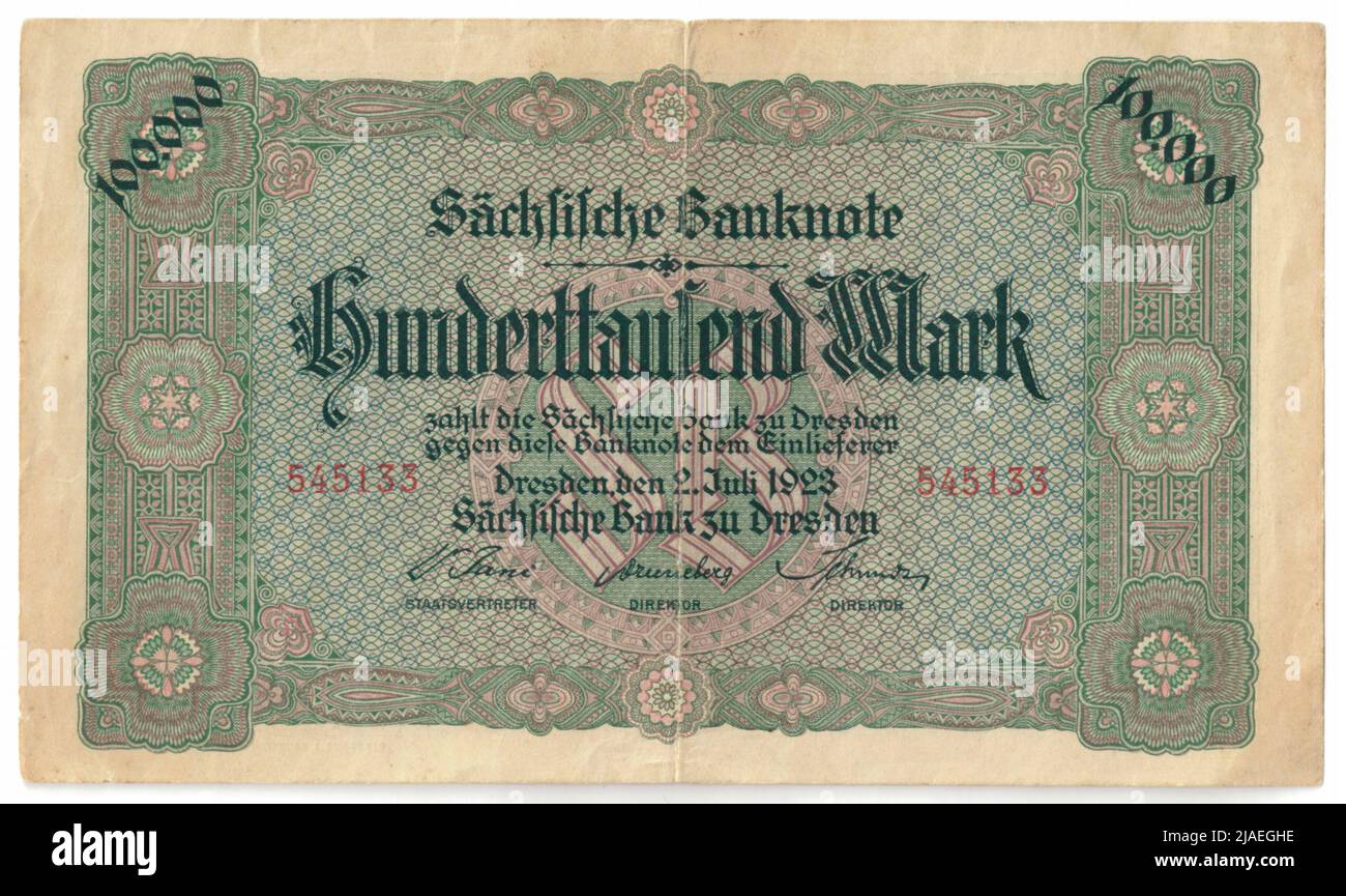 Billet de banque Saxon, 100 000 points. Saxon Bank à Dresde, administration de la monnaie Banque D'Images