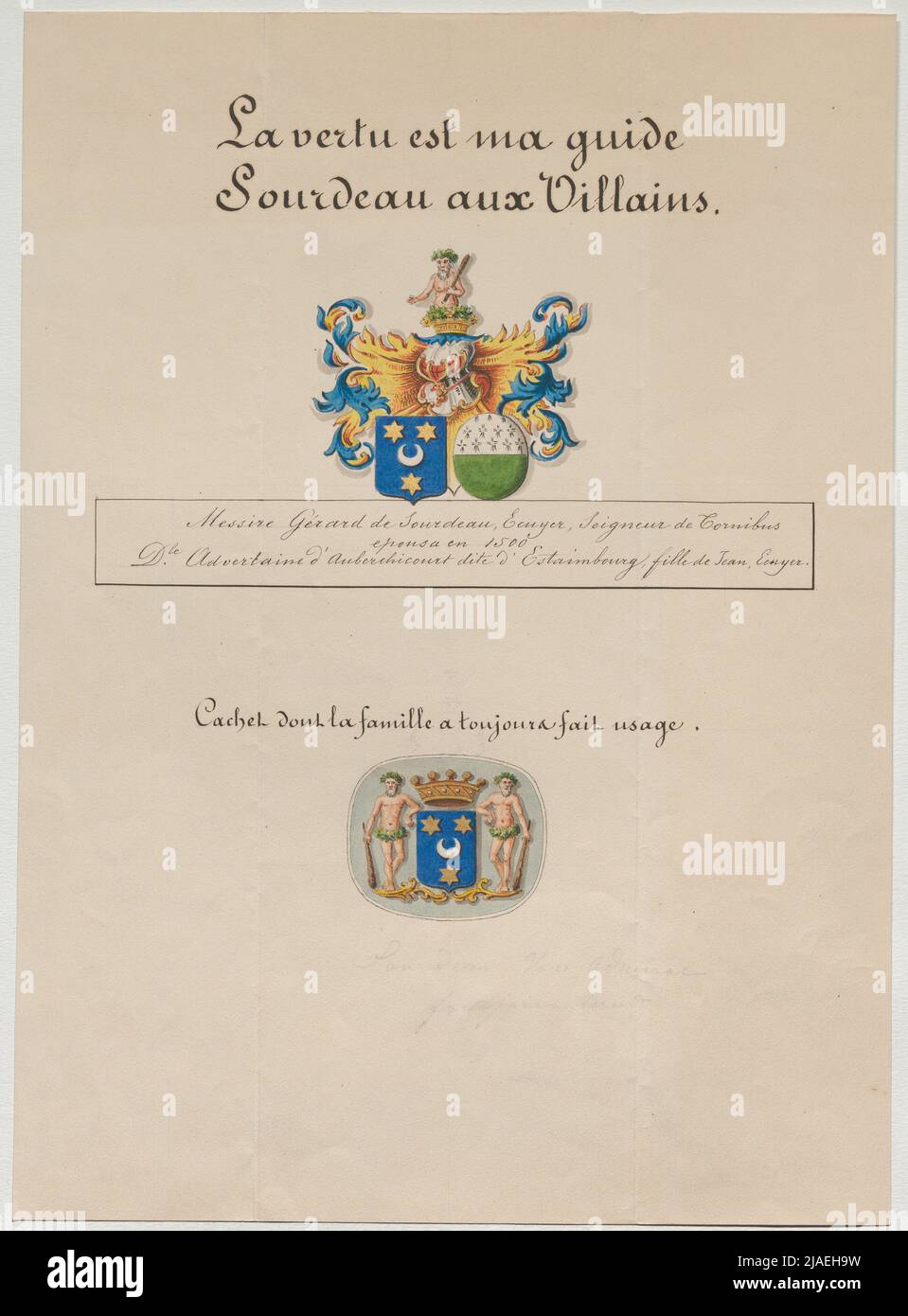 La vertu est mon guide sourd aux méchants. Cachet dont la famille Öa toujours utilisé. '. Wappen und Wahlsprh von Gérard de Sordeau, vize-amiral; Siegel der Familie Sordeau. Inconnu Banque D'Images