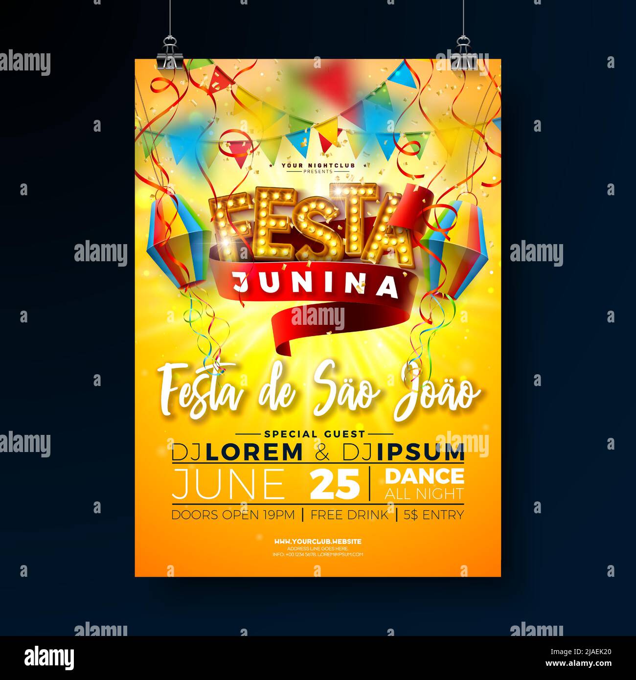 Festa Junina Party Flyer Illustration avec lanterne en papier et ampoule rétro Billboard lettrage sur fond jaune soleil.Vector Brésil juin Sao Joao Illustration de Vecteur