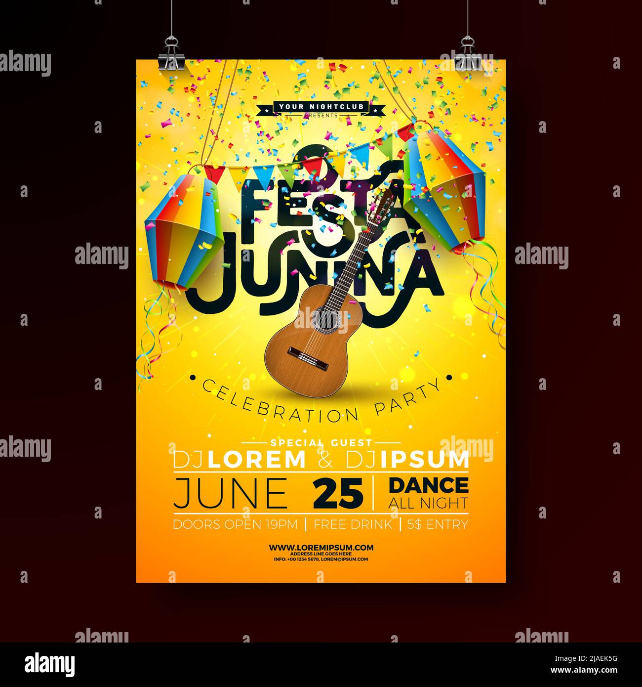 Festa Junina Party Flyer Illustration avec lanterne en papier, drapeaux et guitare acoustique sur fond jaune soleil. Vector Brésil juin Festival Sao Joao Illustration de Vecteur