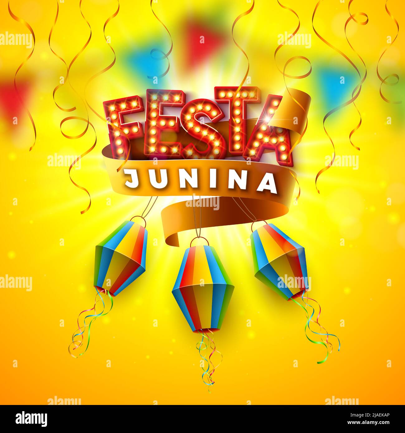 Festa Junina Illustration avec une ampoule lumineuse lettrage de panneau d'affichage, lanterne en papier et ruban sur fond jaune soleil. Vector Brésil juin Festival Sao Joao Illustration de Vecteur
