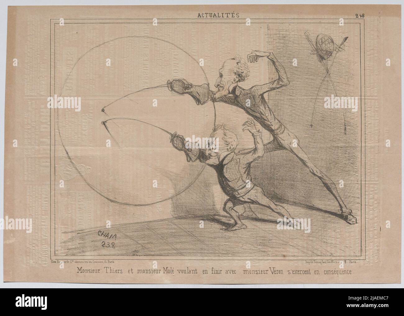 NOUVELLES; M. Thiers et M. Molé qui veulent mettre fin à M. Véron s'exercent donc. 'Adolphe Thiers und Molé Beim Fechten (Karikatur aus' le Charivari '). Amédée Charles Henri de Noé (1819—1879), caricaturiste Banque D'Images