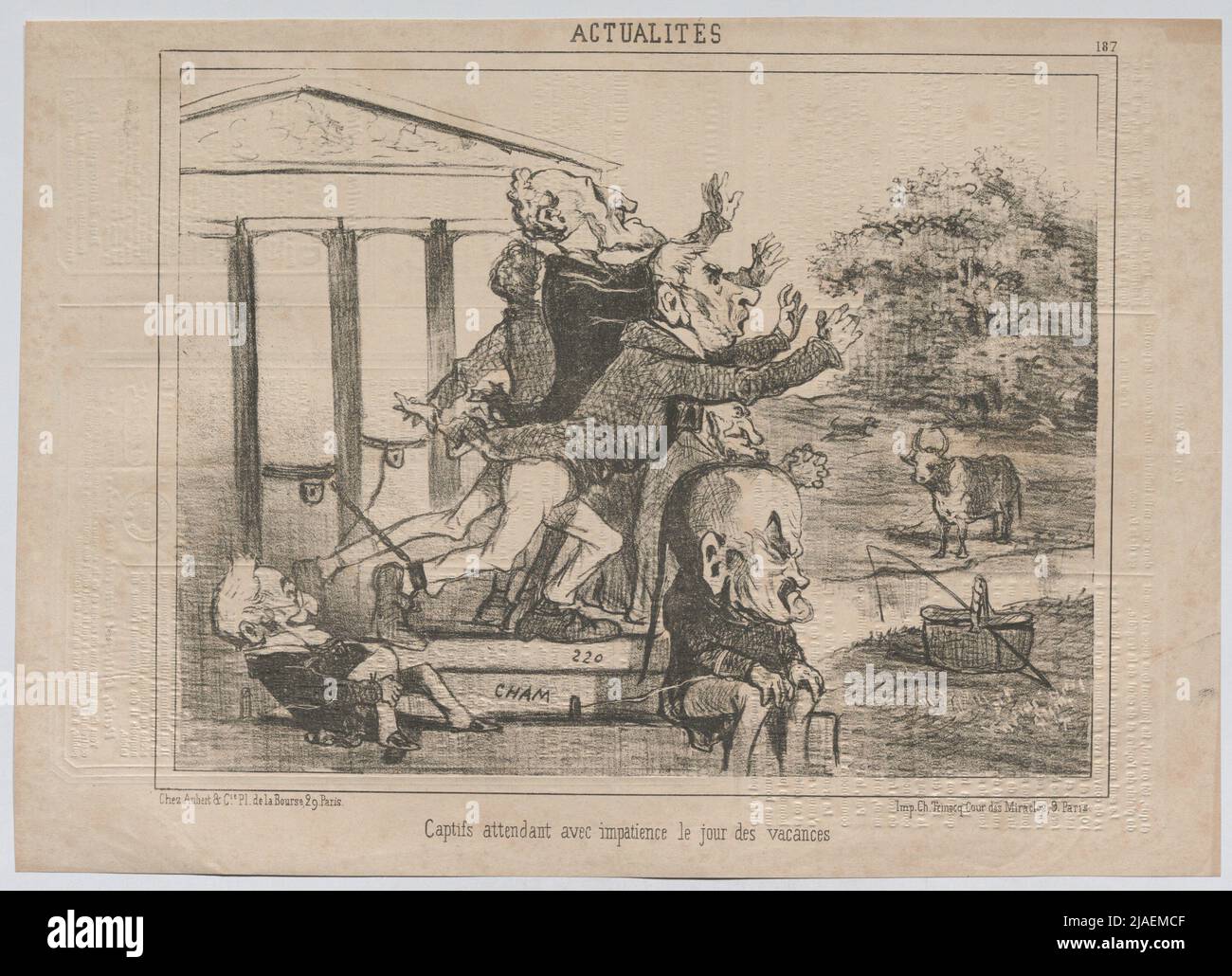 NOUVELLES; captifs qui attendent impatiemment le jour des vacances '. Gefangene Erwarten Ungeduldig Die Ferien; Darunter Adolphe Thiers und Girardin (Karikatur Aus' le Charivari '). Amédée Charles Henri de Noé (1819—1879), caricaturiste, Aubert & Cié, maison d'édition. Banque D'Images