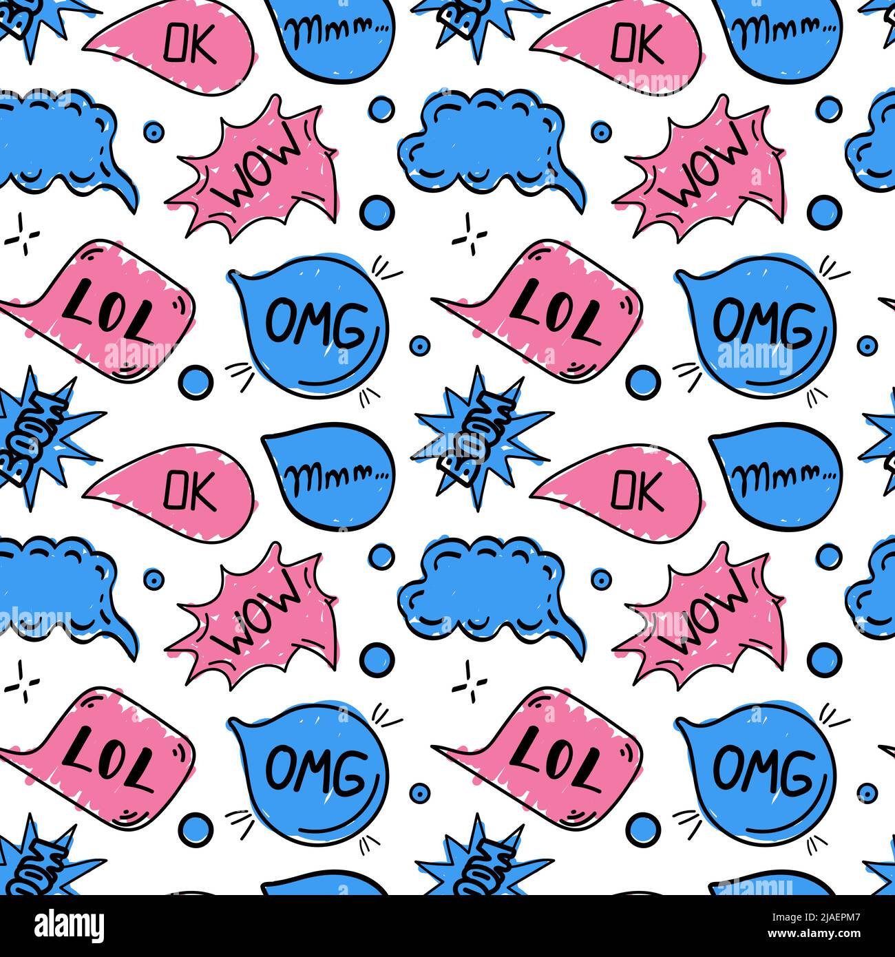 Un modèle sans couture de bulles de parole avec des mots de dialogue dessinés à la main. Guide d'utilisation, outil, flèche, Wow, MMM. Illustration vectorielle Illustration de Vecteur
