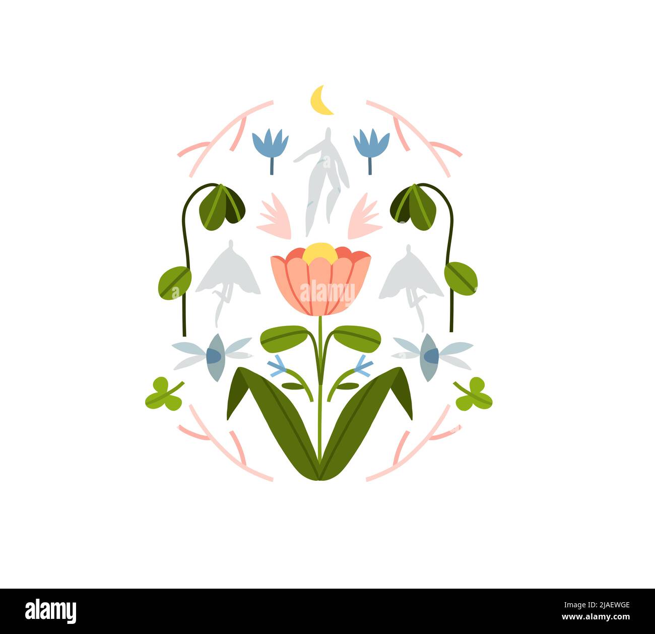 Graphique abstrait vectoriel dessiné à la main avec clip art illustration de la composition symétrique ornement avec boho abstrait formes nature de fleurs Illustration de Vecteur