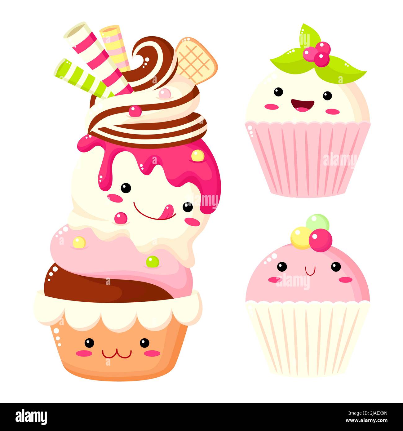 Ensemble de gâteau mignon, muffin, cupcake. Collection de personnages de desserts sucrés kawaii avec visage souriant et joues roses pour un design doux. Illustration vectorielle Illustration de Vecteur
