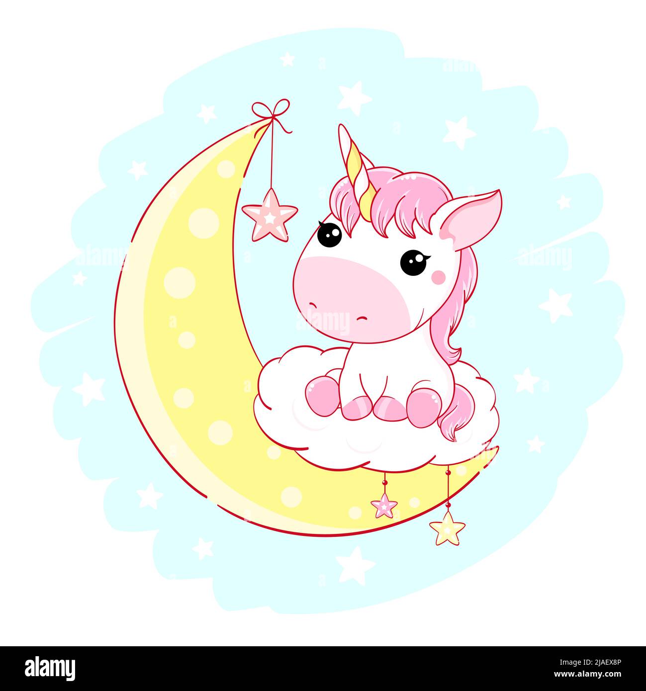 Jolie carte pour bébé style kawaii. Belle licorne assise sur le nuage sur la lune. Peut être utilisé pour les imprimés de t-shirt puéril, poster de pépinière, douche de bébé gre Illustration de Vecteur