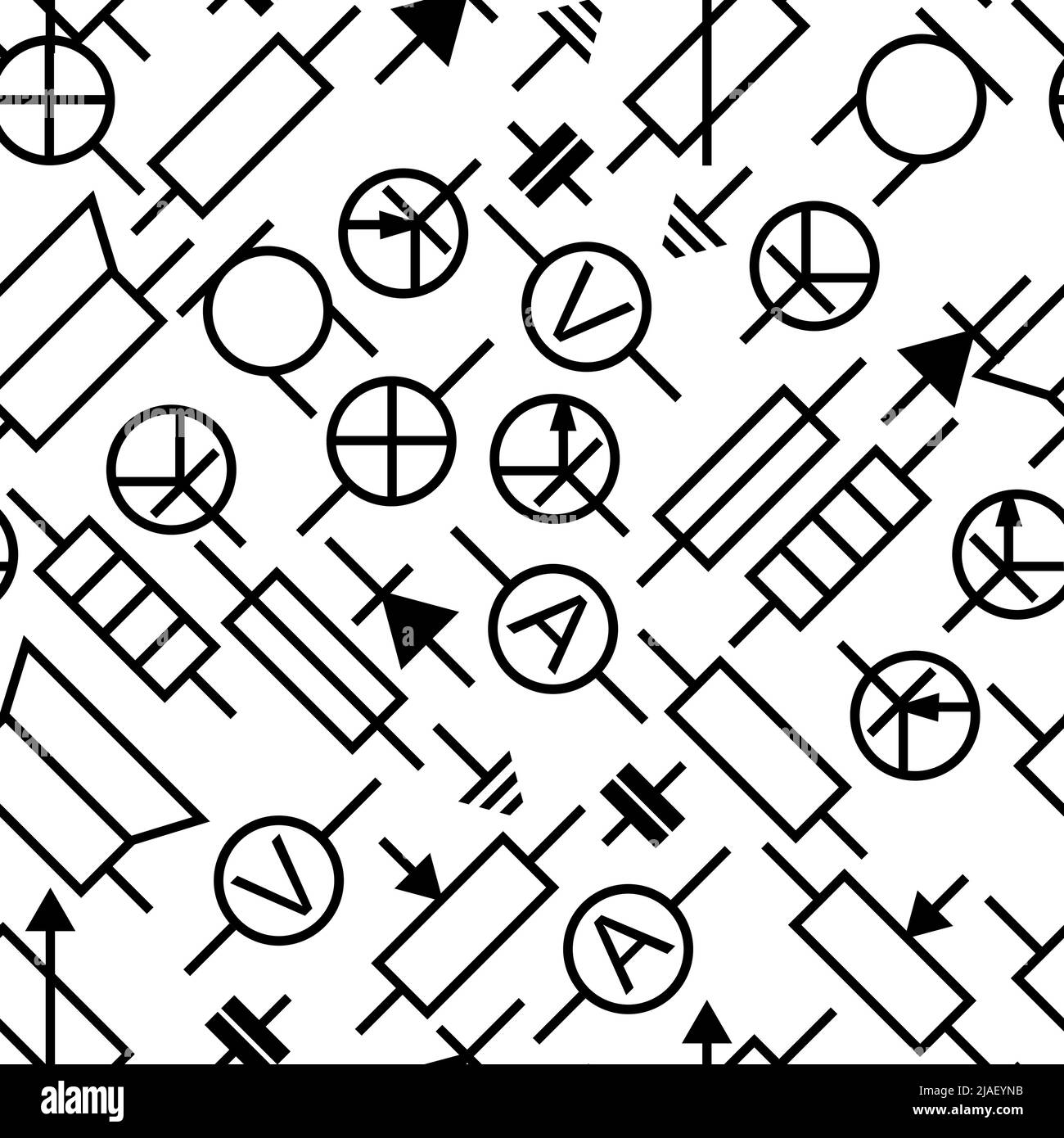 Composant radio. Circuit électronique de la radio. Désignation symbolique. Isolé sur fond blanc. Résistance, transistor, diode et condensateur. Pat sans couture Illustration de Vecteur