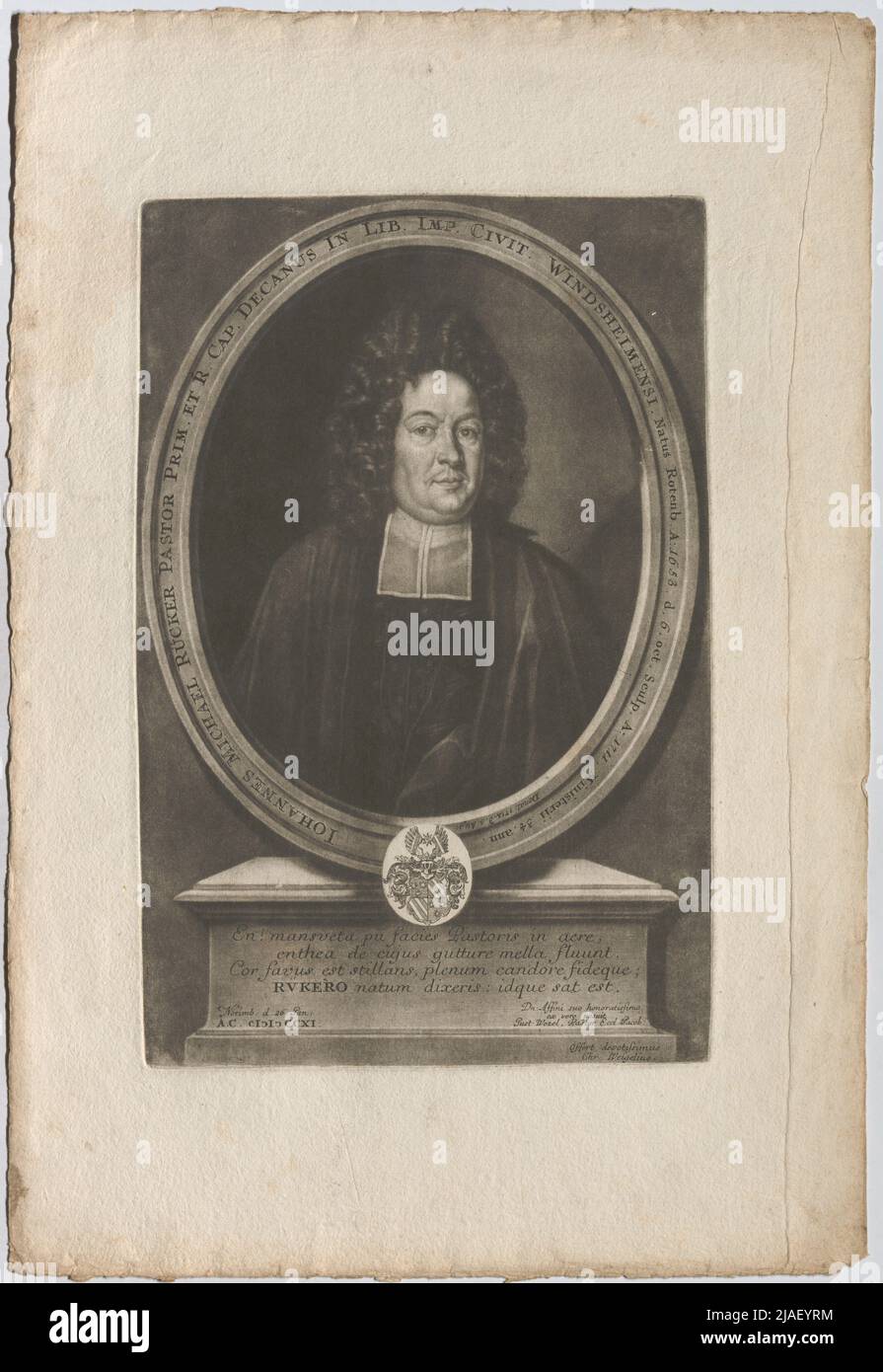Johannes Michael Rücker Pastor Prim. Et R. Cap. Decanus dans lib. Imp. Windsheimersi. Natus Rotenb. A: 1653. d. 6. Octobre Sculpt. A : 1711. (...) '. Johann Michael Rücker, prédicateur à Windsheim. Johann Christoph Weigel d. Ä. (1654-1725), artiste Mezzotint Banque D'Images