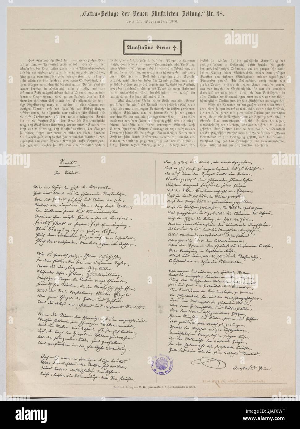 Anastasius Grün, nécrologie, manuscrit du poème 'Narrow' (tiré de 'supplément supplémentaire du nouveau journal illustré'). Inconnu Banque D'Images