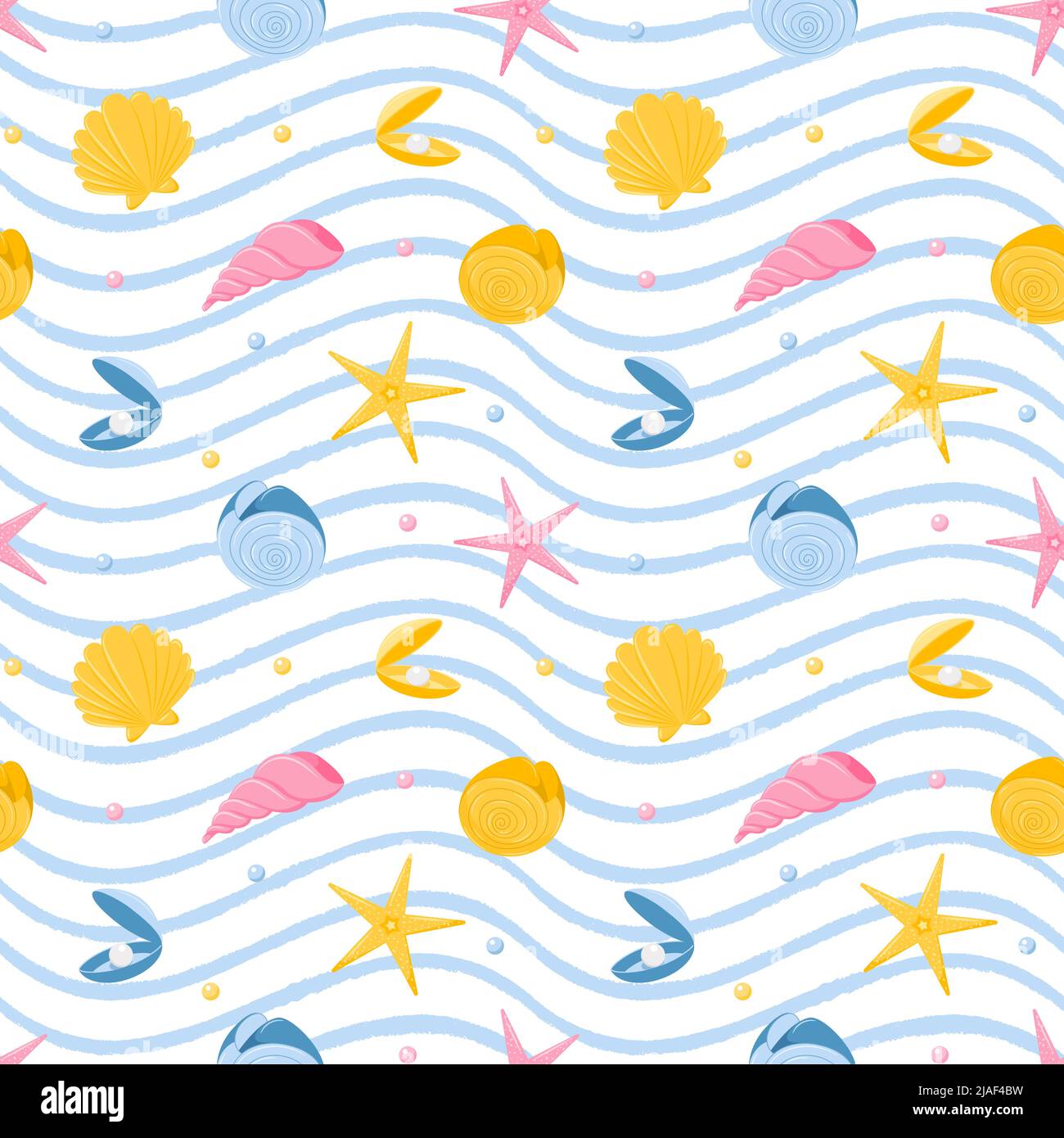 Motif sans couture avec étoiles de mer, nautilus, coquillages et perles. Animaux marins. Illustration vectorielle dans un style de dessin animé plat sur fond blanc avec Illustration de Vecteur