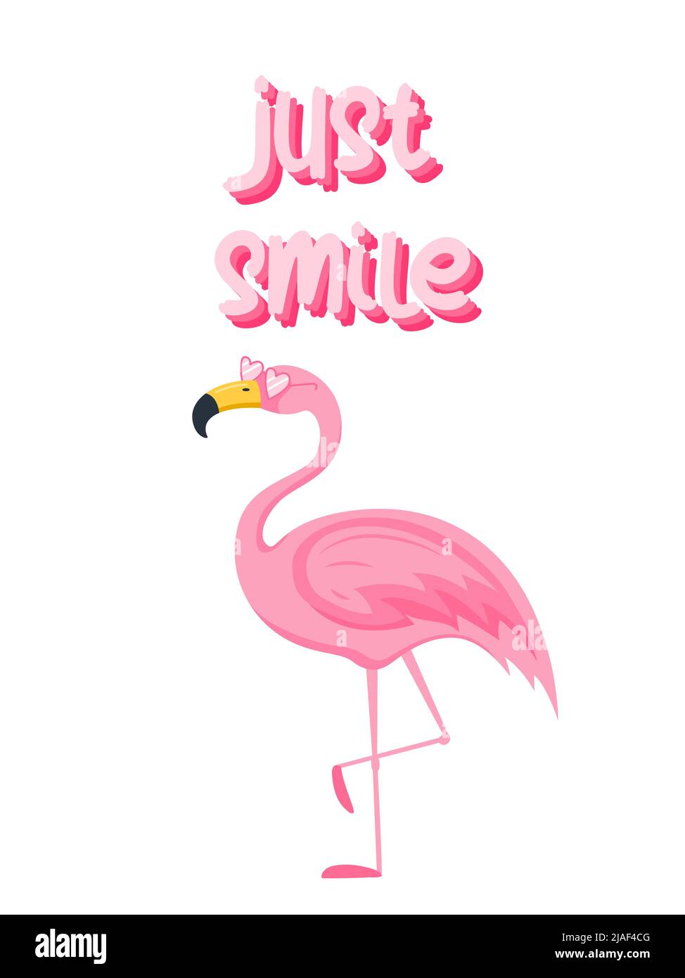 Mignon beau flamants roses avec des verres en forme de coeur rose et des mots - juste sourire. Carte postale d'été ou imprimé pour les tee-shirts pour enfant. Illustration vectorielle dans Illustration de Vecteur