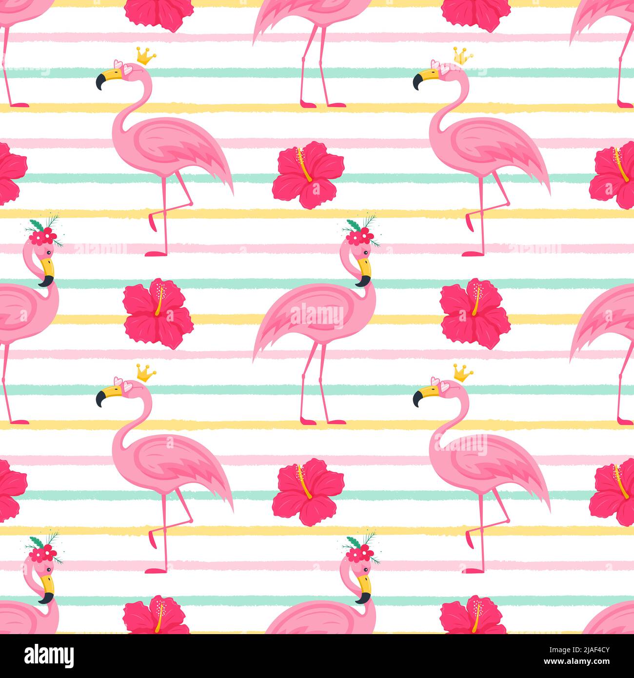 Motif été sans couture avec de jolis flamants roses dans une couronne et des verres roses et des fleurs d'hibiscus. Illustrations vectorielles lumineuses dans un style de dessin animé plat Illustration de Vecteur