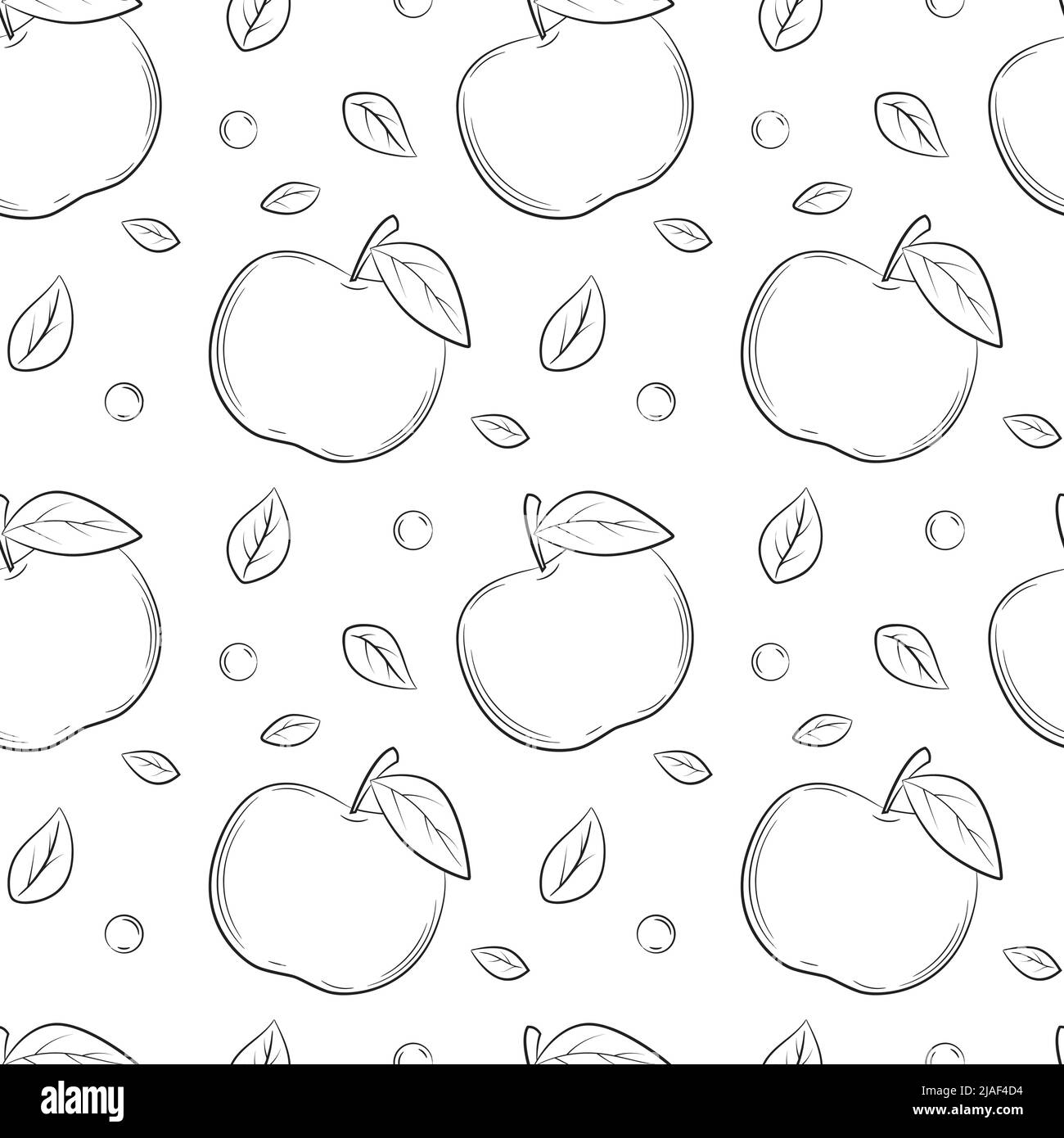 Motif monochrome noir et blanc sans couture. Pommes dessinées à la main avec des feuilles. Un simple contour de fond pour la conception de web, l'emballage de produit, serviettes, ba Illustration de Vecteur