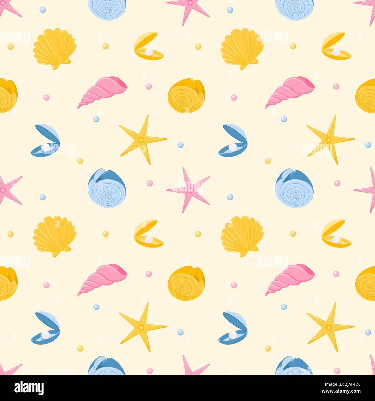 Motif sans couture avec étoiles de mer, nautilus, coquillages et perles. Animaux marins. Illustration vectorielle dans un style de dessin animé plat sur un arrière-plan beige. Pour Illustration de Vecteur