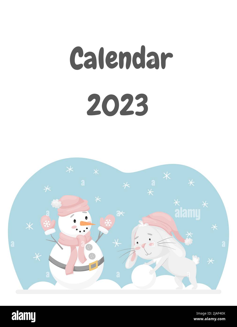 La couverture du calendrier pour 2023 avec un joli lapin, le symbole chinois de l'année. Le lapin roule une boule de neige, fait un bonhomme de neige. Activités amusantes en hiver. C Illustration de Vecteur
