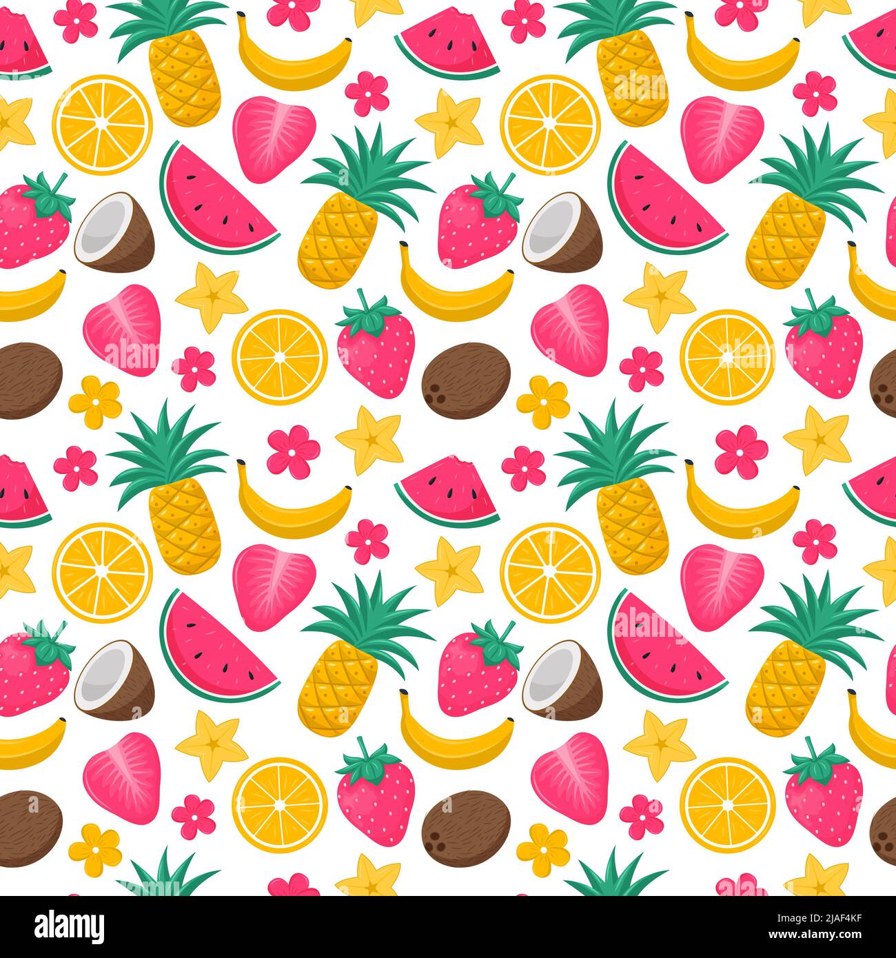 Motif d'été brillant sans couture avec fruits exotiques tropicaux, baies et fleurs. Noix de coco, ananas, pastèque, fraise. Illustrations vectorielles dans Illustration de Vecteur