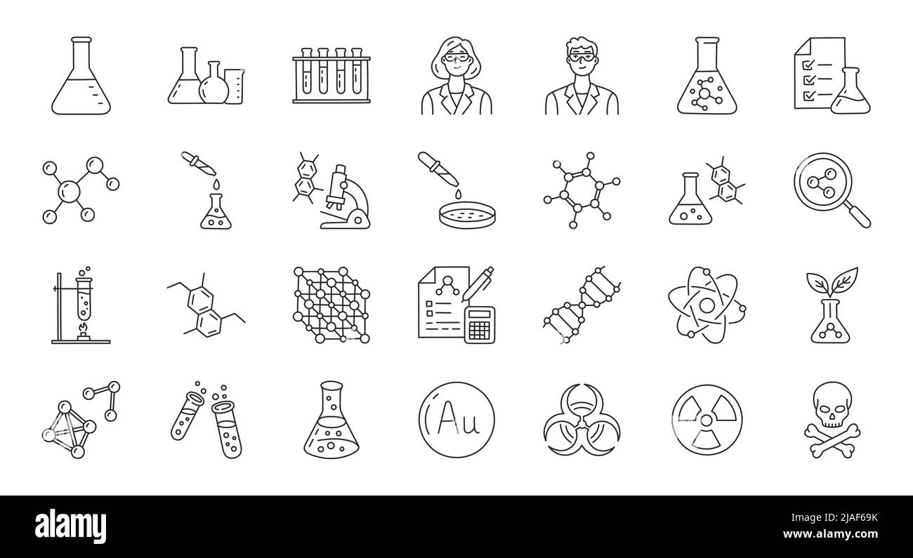 Illustration de l'oeddle chimique comprenant des icônes - flacon, tube de laboratoire, scientifique, compte-gouttes, boîte de Petri, bécher, expérience, éducation, biotechnologie. Fin Illustration de Vecteur