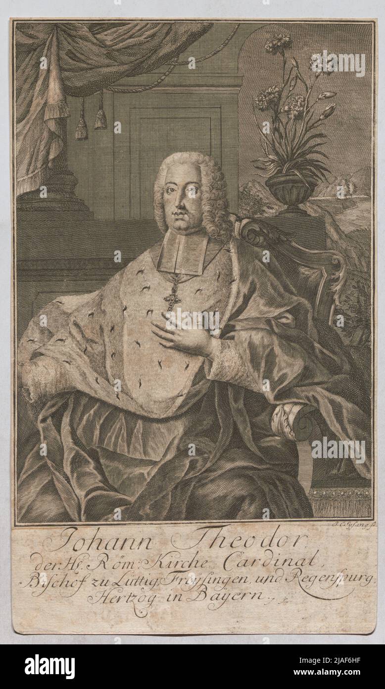 Johann Theodor le Saint Romain: Eglise du Cardinal, Evêque de Lüttig, Freysingen et Regensfung, Hertzog en Bavière. '. Le cardinal Johann Theodor von Bayern, Bischof, de Ratisbonne, Freising et Liège. Johann Christoph Sysang (1703-1757), Copper Engraver Banque D'Images