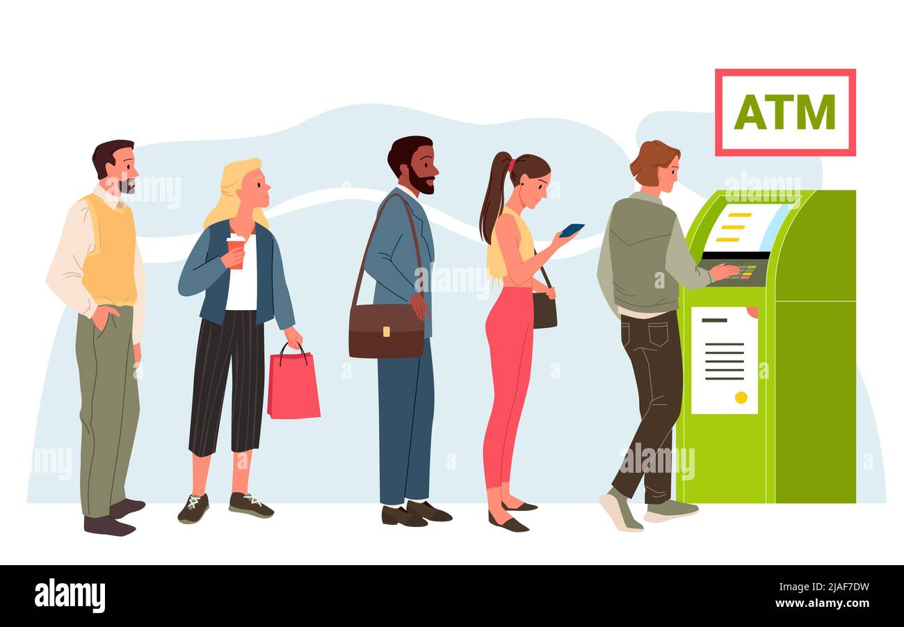Les gens restent dans la longue file d'attente à ATM, le personnage en attente avec patience de retirer de l'argent liquide Illustration de Vecteur