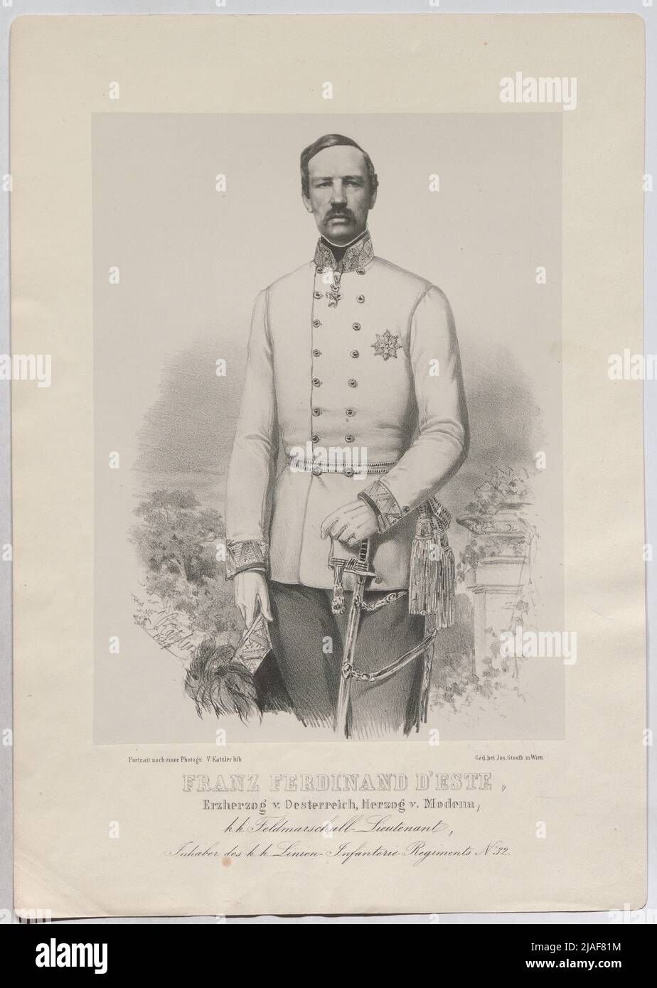 L'archiduc Franz Ferdinand von Austria-Steste, duc de Modène, k. Feldmarschall-Lieutnant, propriétaire du k. Régiments d'infanterie de ligne no 32. Vinzenz Katzler (1823-1882), lithographique, Joseph Stoufs, imprimeur Banque D'Images