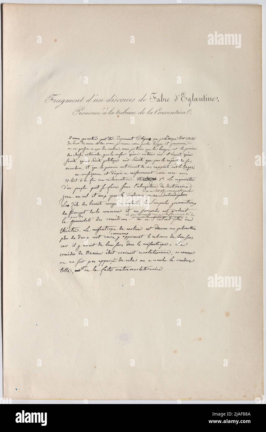 Fragment d’un parcours de fabre d’eglantine, prononcé à la tribune de la convention. Extrait d'un discours de Fabre d'églantine, tenu sur la scène des orateurs de la convention nationale. Inconnu Banque D'Images