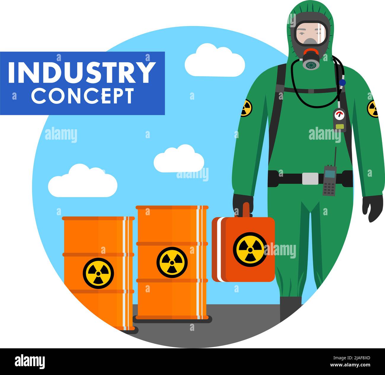 Illustration détaillée de fûts avec substances chimiques, radioactives, toxiques, dangereuses et travailleurs en combinaison de protection plate. Vecteur illust Illustration de Vecteur