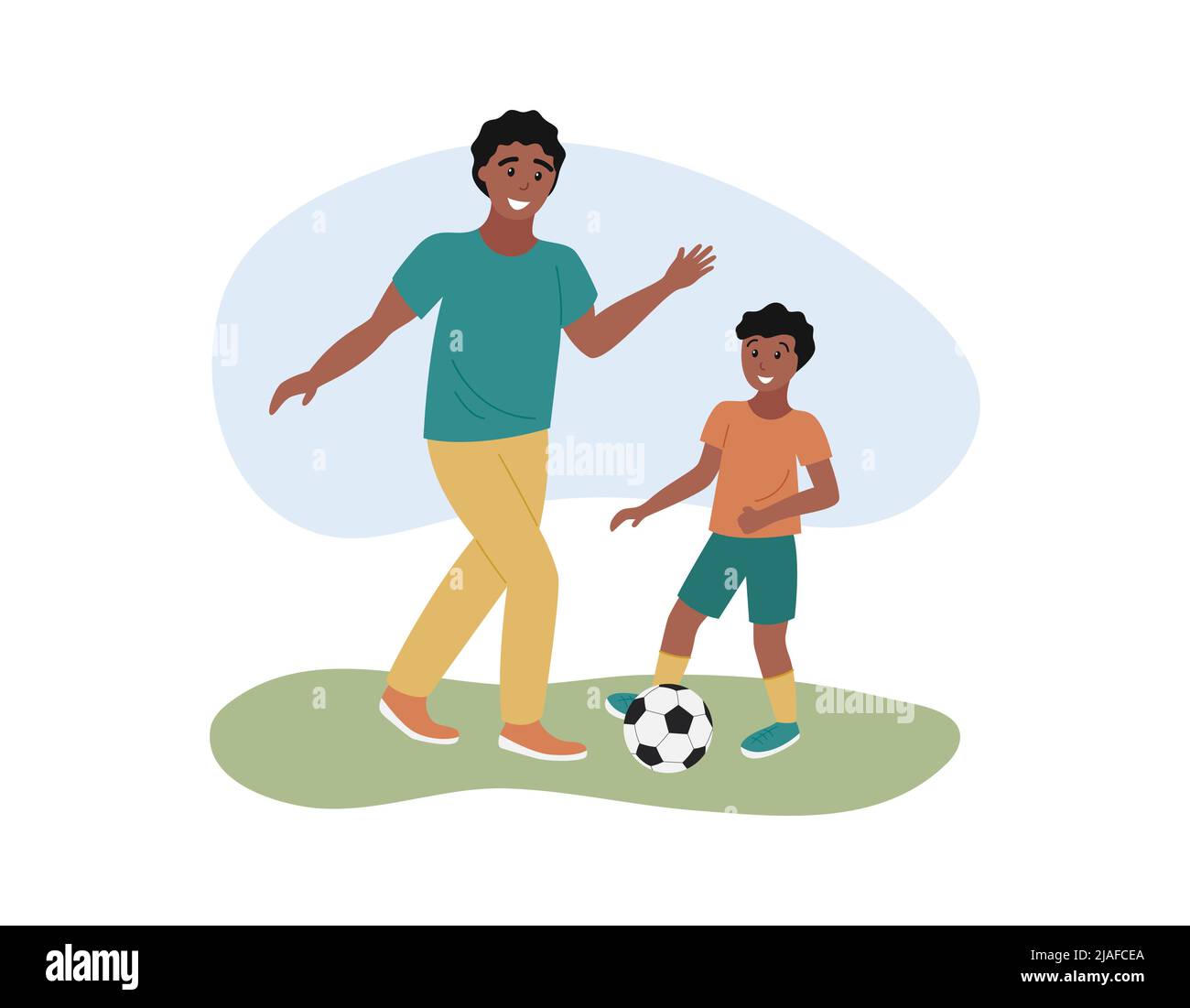 Père et fils jouant au football ensemble. Papa, garçon et ballon de football afro-américains sur l'herbe. Activités de plein air en été en famille. Fête des pères. Vue plate Illustration de Vecteur