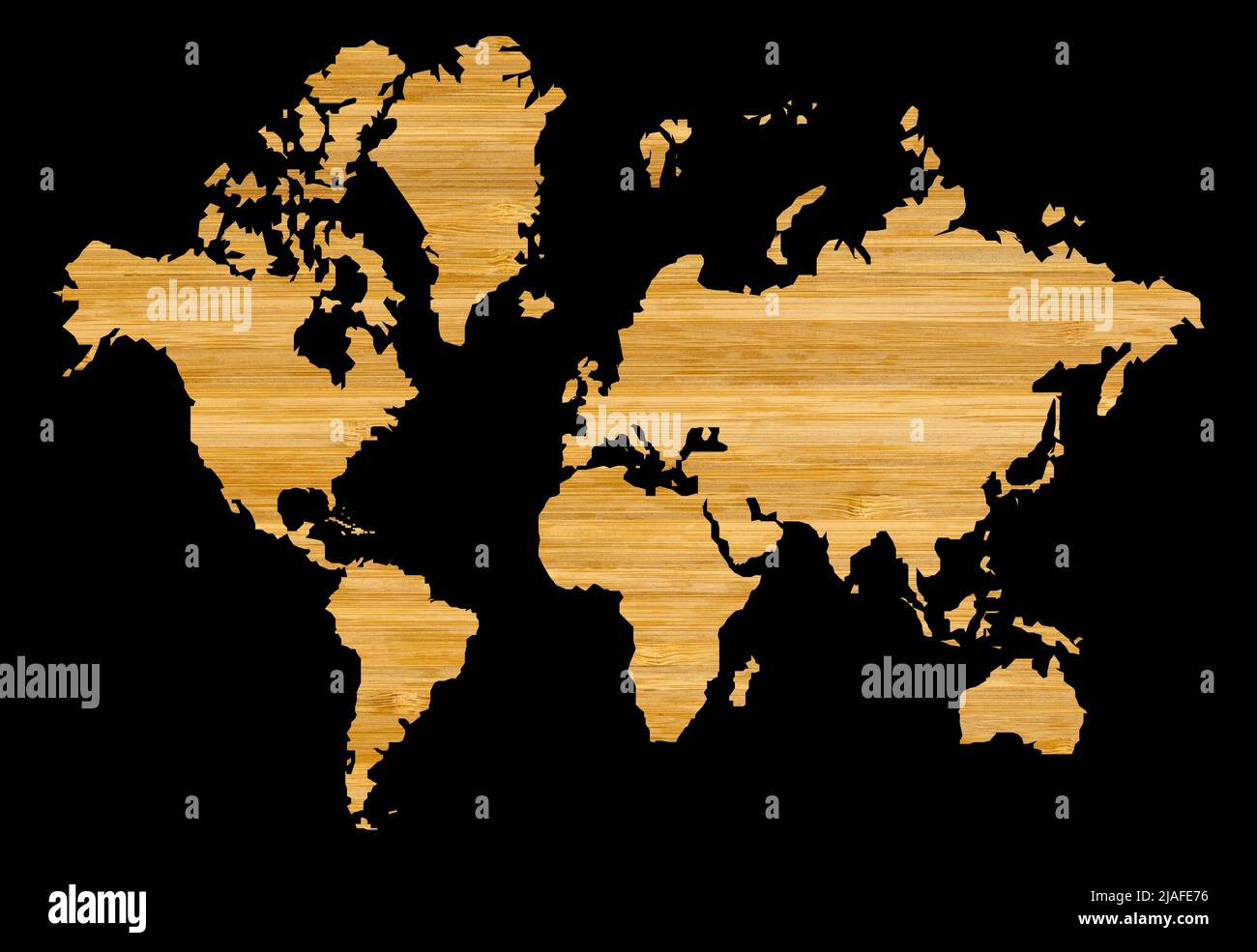 Détail de la carte du monde avec coupe de bois de bambou, isolée sur fond noir Banque D'Images