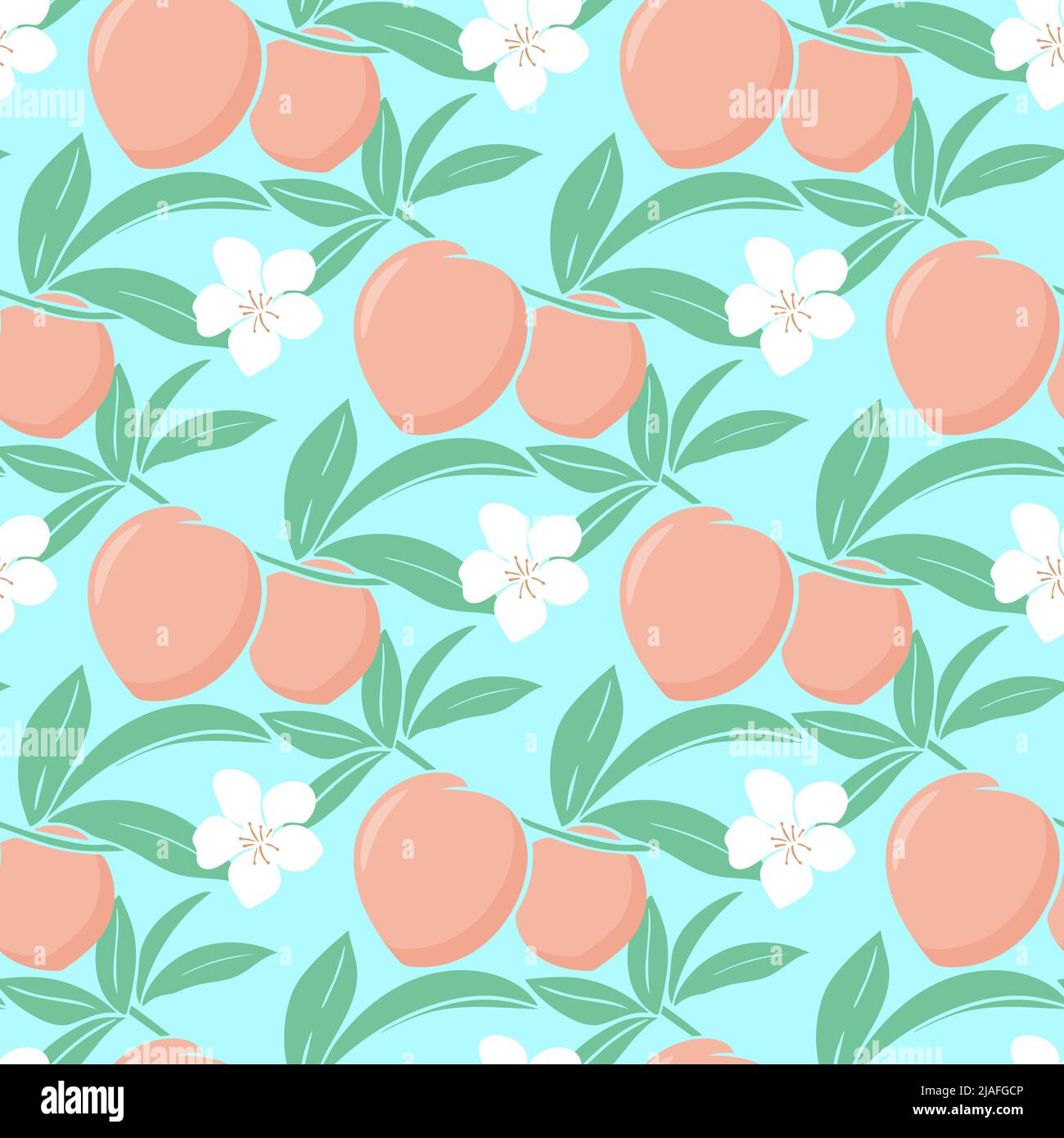 Pêches et fleurs juteuses motif été sans couture. Magnifique arrière-plan répétitif avec fruits, feuillage et fleurs. Imprimer pour papier peint, textile, pac Illustration de Vecteur